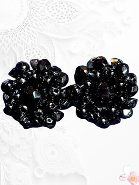 Vintage West Germany Black Cluster Clip On Earrings Faceted Glass 883